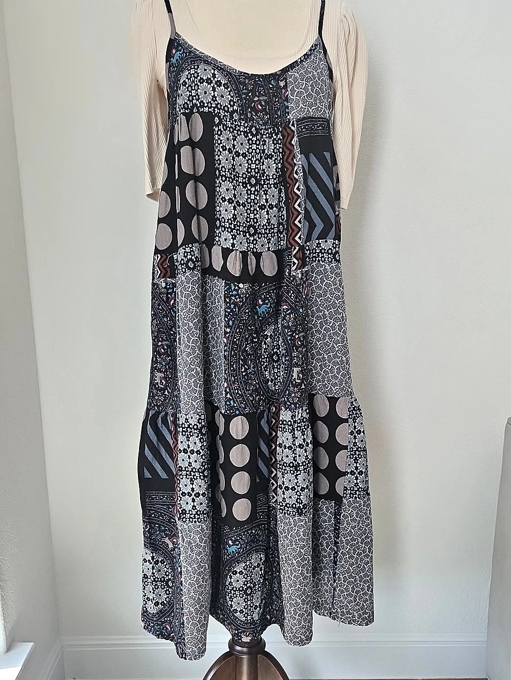 Zanzea Geometric Midi Dress in Black & Blue Size Large Pockets Boho Granola